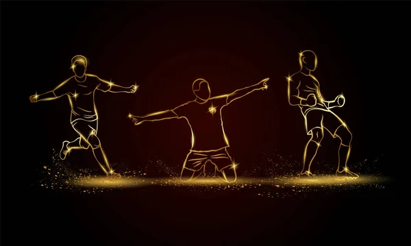 Ganadores Jugadores de fútbol establecidos. Ilustración de futbolista lineal dorado con emociones de victoria. — Vector de stock