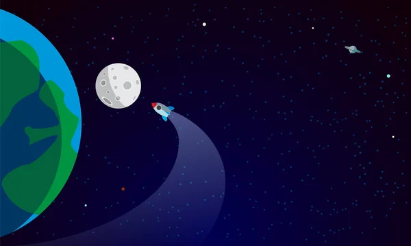 Rocket to the Moon ilustração plana com espaço de cópia. Um foguete de desenho animado voa sobre o planeta para um satélite no espaço —  Vetores de Stock
