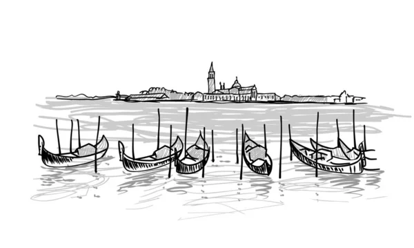 Gondolas in Venice, Italy. Hand drawn vector sketch illustration with moored gondolas view of San Giorgio Maggiore church in Venice, Italy. — Stock Vector