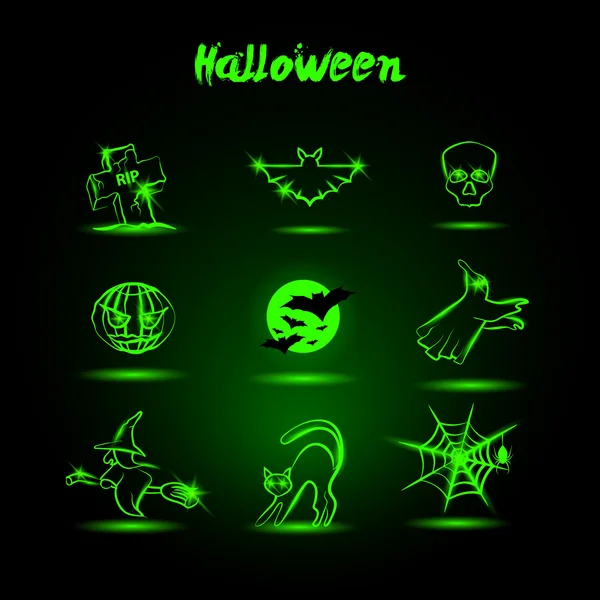 Jogo de Halloween de ícones de néon brilhante —  Vetores de Stock
