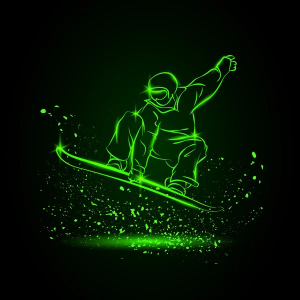 Snowboarder ugrás. Neon sport háttér — Stock Vector