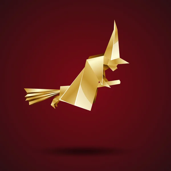 Hexe auf einem Besen, goldenes Origami — Stockvektor