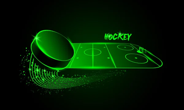 Hockey arena en vliegende puck. Neon stijl. — Stockvector