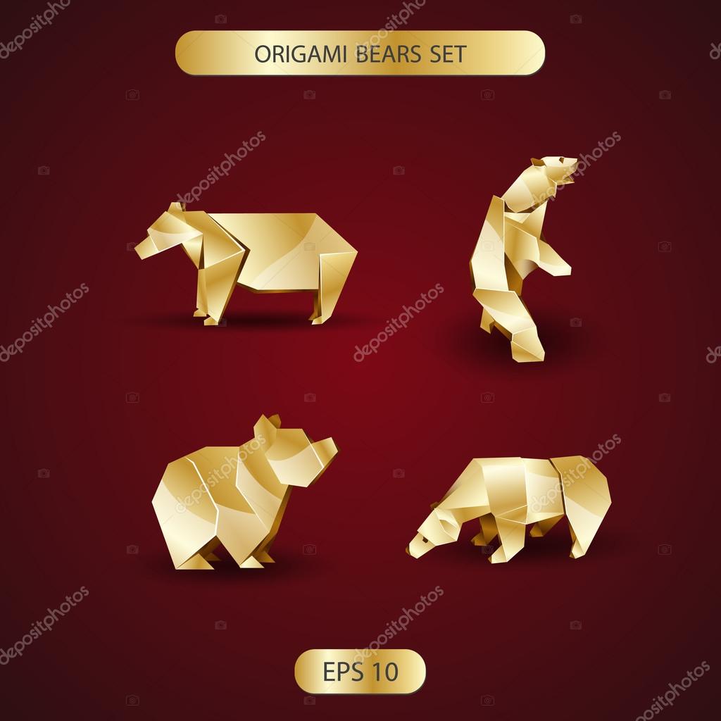 Golden origami bears set