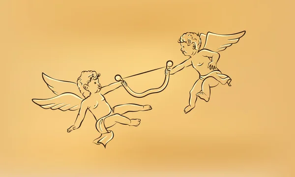 Ретро Купидон ангелы весело бороться за один лук — стоковый вектор