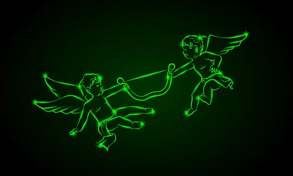 Neon glowing cupid angels fun fight for the one bow — Stock Vector