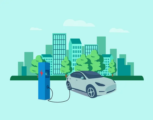 Samochód elektryczny ładuje akumulator naturalnym krajobrazem — Wektor stockowy