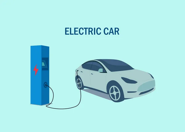 电动汽车在蓝色背景下充电 — 图库矢量图片