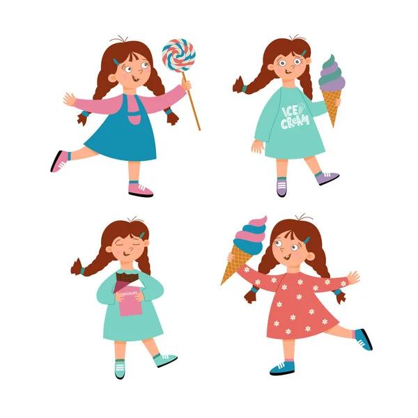 Uppsättning söta små flickor som står med stor virvlande klubba, glass och choklad — Stock vektor