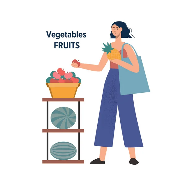 Mujer comprando frutas y verduras en la tienda de comestibles — Vector de stock