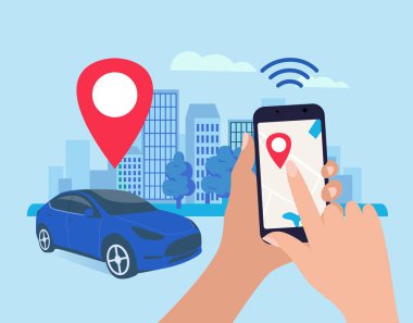 Akıllı telefon uygulaması ile kontrol edilen otonom kablosuz bağlı araba paylaşım servisinin vektör illüstrasyonu