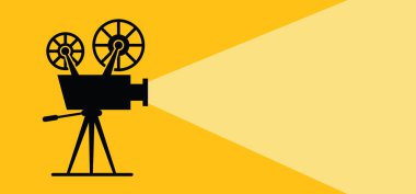 Eski bir retro film ve film, düz bir arka plan. Tiyatro ekranı, gala işaretleri. Sinema kamerası film projektörü, düz konsept ikonu. Poster, pankart ya da duvar kağıdı şablonu. Video film şeridi.