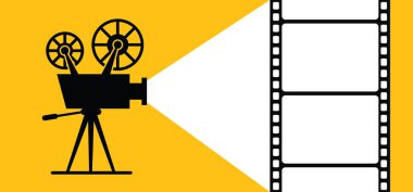 Eski bir retro film ve film, düz bir arka plan. Tiyatro ekranı, gala işaretleri. Sinema kameralı film projektörü, düz konsept ikonu. Poster, pankart ya da duvar kağıdı şablonu. Video film şeridi.