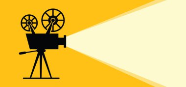 Eski bir retro film ve film, düz bir arka plan. Tiyatro ekranı, gala işaretleri. Sinema kameralı film projektörü, düz konsept ikonu. Poster, pankart ya da duvar kağıdı şablonu. Video film şeridi.