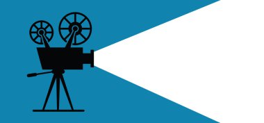 Eski bir retro film ve film, düz bir arka plan. Tiyatro ekranı, gala işaretleri. Sinema kameralı film projektörü, düz konsept ikonu. Poster, pankart ya da duvar kağıdı şablonu. Video film şeridi.