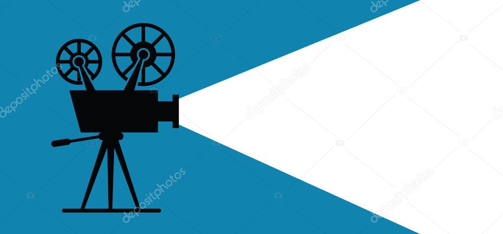 Old retro movie and film, background in flat style. Theater screen, premiere signs. Cinema camer film projector, flat concept icon. Template for poster, banner or wallpaper. Video filmstrip.