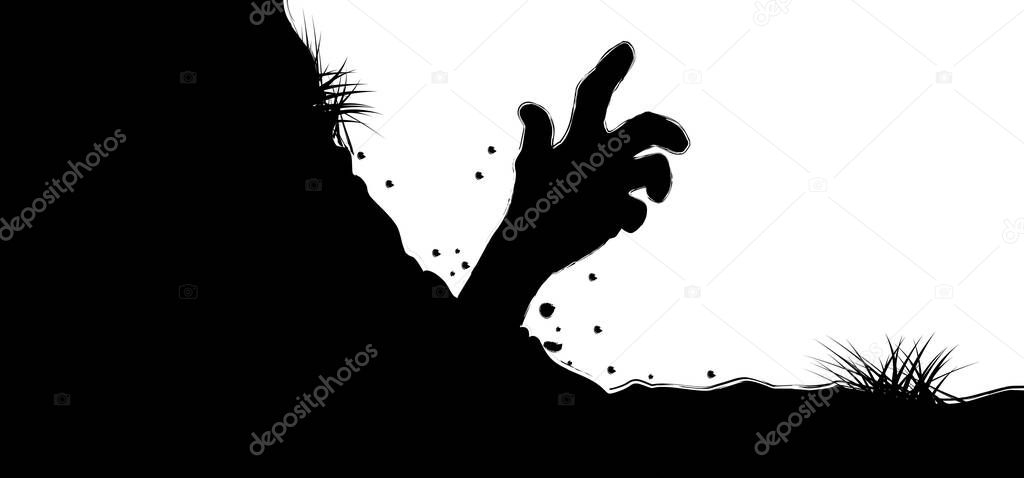 Rise of zombies hand from the ground to yhe moon. Hands on other layer. Zombie hand rising out from the ground. Scary hand, symbol for Halloween party. Up hands pictogram.