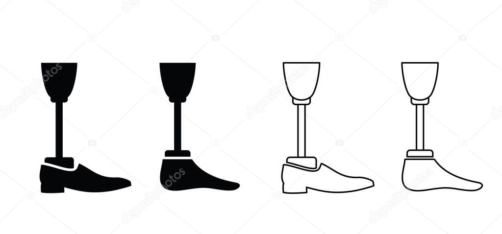 Prosthesis leg. Cartoon disability, artificial prosthetic legs. Artificial leg for comfortable living. Human leg prostheses set. prosthetics concept. Amputees with a leg prosthesis. Bionic legs icon.