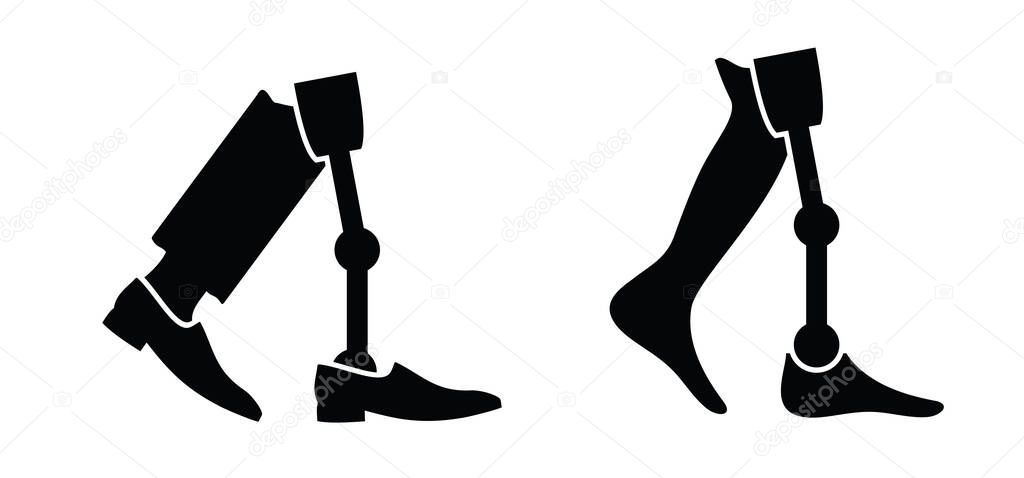 Prosthesis leg. Cartoon disability, artificial prosthetic legs. Artificial leg for comfortable living. Human leg prostheses set. prosthetics concept. Amputees with a leg prosthesis. Bionic legs icon.