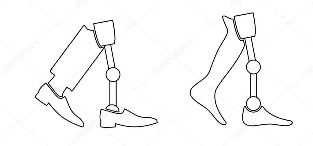 Prosthesis leg. Cartoon disability, artificial prosthetic legs. Artificial leg for comfortable living. Human leg prostheses set. prosthetics concept. Amputees with a leg prosthesis. Bionic legs icon.