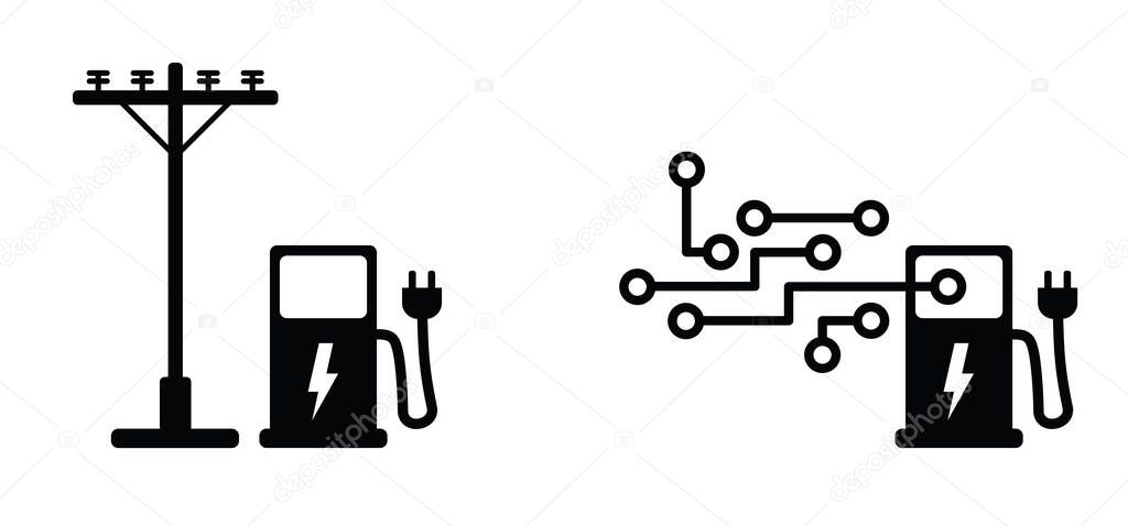 Electric vehicle, EV, charging station. Electrical energyt. Electric filling station. Vehicle plugs and sockets ports station point. ev charger connector. Power cord charging electric car at station.