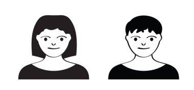 Çizgi filmdeki adam ve kadın, profil yüz resmi. Avatar ikonu. Kişinin profili ya da kullanıcı silueti. Fotoğraf için, sosyal medyada fotoğraf. İnsan kafası. Küçük çocuk, erkek ve kız ikonu