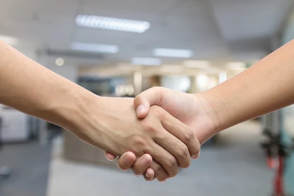 Hand holding hand isolated over office background