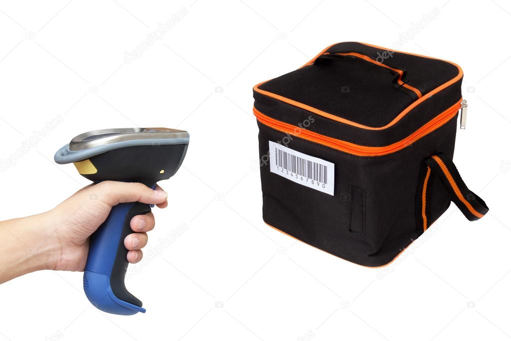 Hoding and scanning picnic box with barcode scanner over white b