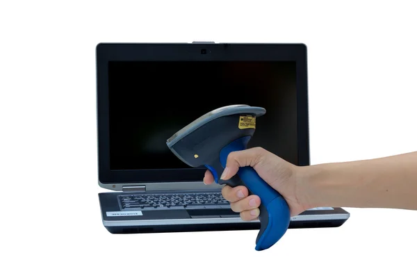 Holding and Scanning label on Notebook or Laptop with wireless — Stock Photo, Image