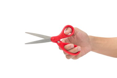 Beyaz bir arka plan üzerinde izole makas elini tutuyor