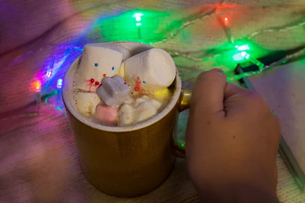 Yellow Cup Hot Beverage Melted Funny Marshmallow Snowman Woman Hand — Stock Photo, Image