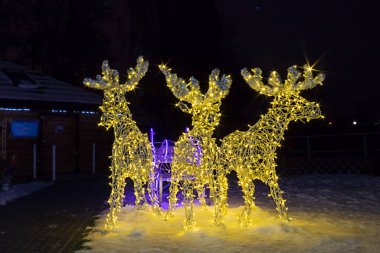 Noel tesisatı açık havada. Işıktan yapılmış Noel geyiği. Sihirli Noel gecesi. Kış zamanı. Kar yağışıName.