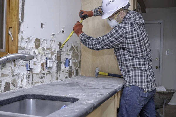Renovation Worker Removing Kitchen Wall Tile Home Improvement Project — Stock Photo, Image