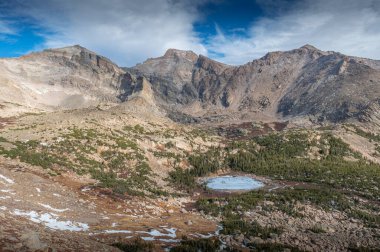 Long Peak ve Meeker Dağı 'nın Rocky Dağı Ulusal Parkı' nın Vahşi Havzası 'nda isimsiz bir göleti var..