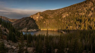 Lone Pine Lake, Rocky Mountain Ulusal Parkı, Colorado, ABD 'de yoğun çam ormanlarıyla çevrilidir.