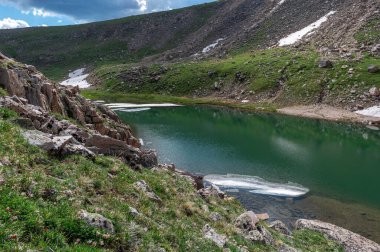 Yazın sonlarına doğru Colorado 'daki Rocky Dağı Ulusal Parkı' nda Scotch Lake 'de küçük buz örtüleri yüzer.
