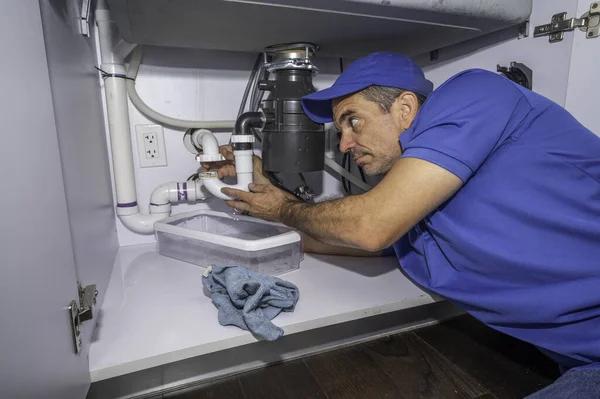 Plumber Working Pipes Kitchen Sink — Stock Photo, Image