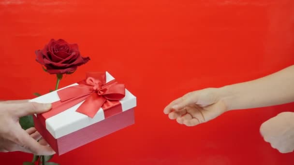 手はギフトボックスで遊んでいると赤の背景にバラ。男はバレンタインデーや誕生日のプレゼントを女性に与えている、閉じます。休日のための赤いリボン弓とプレゼントボックス — ストック動画