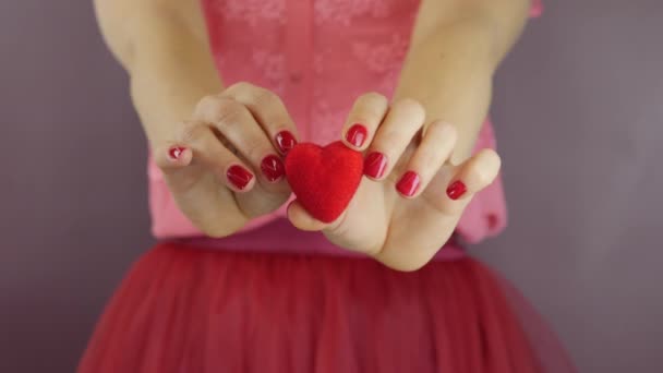 女性は手に小さな赤い心を持っています。バレンタインデーのコンセプト。手は赤いハートギフトを持っています。愛と幸福の概念。女性は聖バレンタインデーのための小さな赤い心を示しています — ストック動画