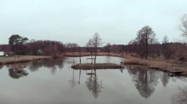 Ormanda bisiklete binen bisikletlinin hava aracı görüntüsü. Adam sonbaharda çakıl bisikleti sürüyor.