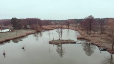 Ağaç ormanlarıyla çevrili küçük göl, insansız hava aracı görüntüsü. Gri gökyüzü ile sonbahar doğası