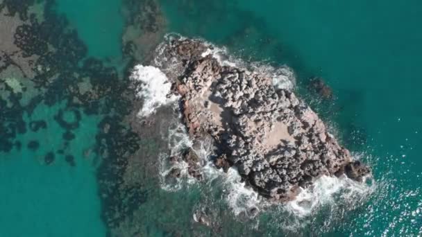 Vue de dessus de falaise rocheuse en pierre vide dans la mer turquoise bleue. Vagues océaniques s'écrasant sur une falaise rocheuse — Video
