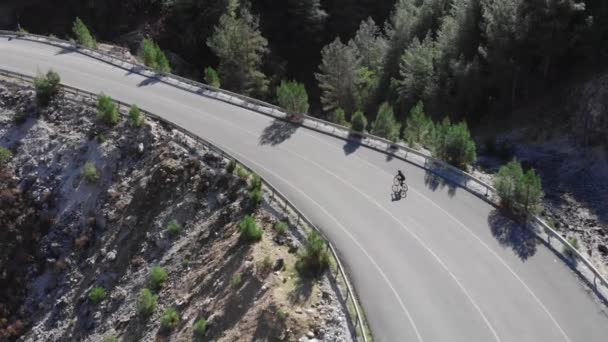 Luchtfoto drone uitzicht van professionele fietser paardrijden prachtige platteland bosweg — Stockvideo