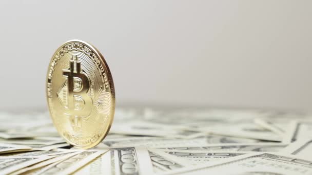 Modèle de Bitcoin or. Bitcoin tournant sur la table avec des dollars. Crypto-monnaie — Video