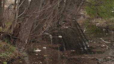 Polluted river. World ecological crisis. Plastic pollution trash in river
