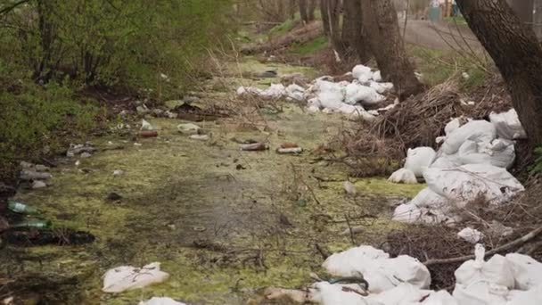 Environmental pollution. Polluted river. Rubbish and plastic bottles over river — Stockvideo