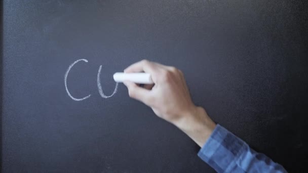 Covid-19 on chalkboard. Hand writes Covid-19 with chalk on blackboard. Coronavirus — Stock Video