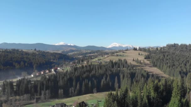 Berg landskap med snöiga toppar, blå himmel och gröna träd. Skönhet i naturen — Stockvideo