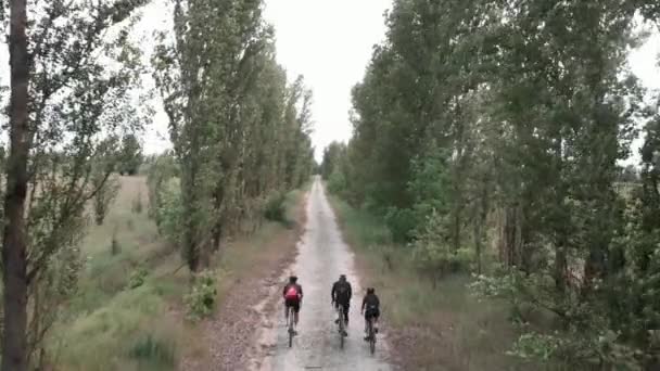 Cyclists riding on gravel bicycles on cobblestone road in countryside. Gravel bike adventures — стоковое видео