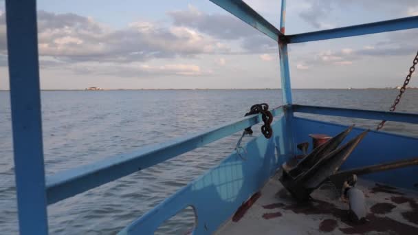 Old fishing boat sailing in sea. Fishing ship moving forward in calm sea — Stock Video